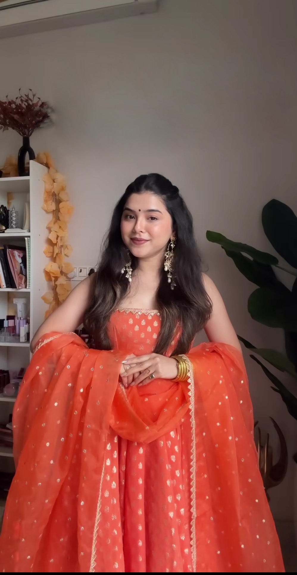 Orange Jacquard Anarkali Gown