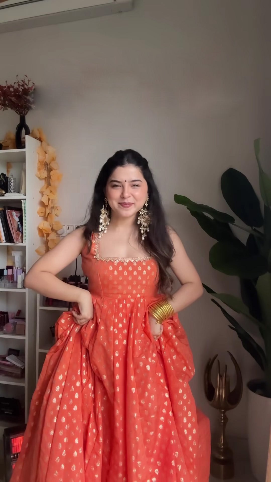 Orange Jacquard Anarkali Gown