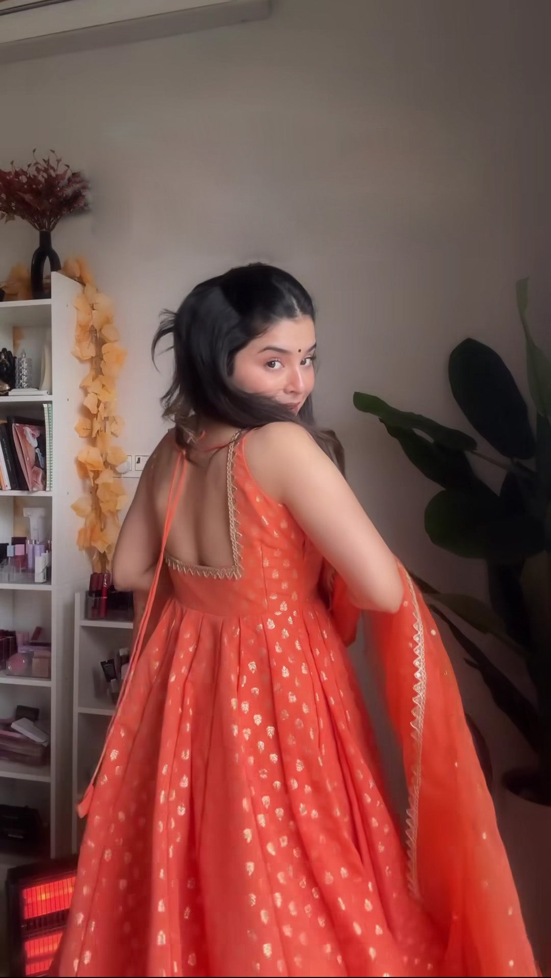 Orange Jacquard Anarkali Gown