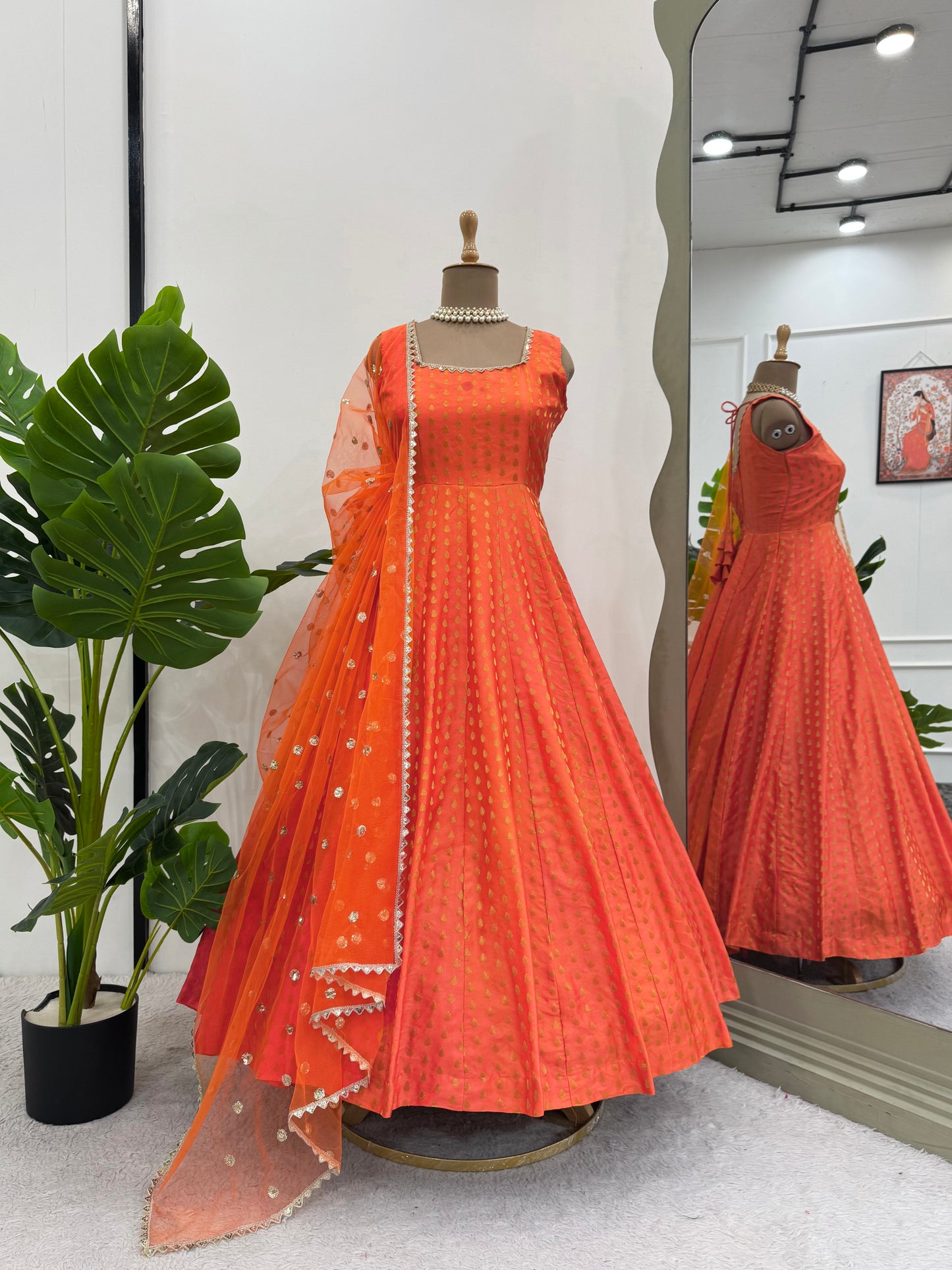 Orange Jacquard Anarkali Gown