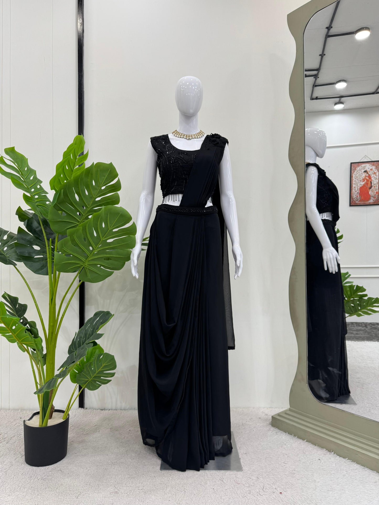 Ready to wear Dhoti Style Black Color Lehenga Saree