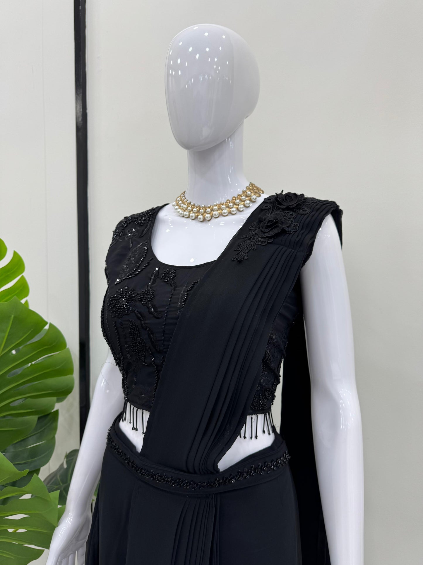 Ready to wear Dhoti Style Black Color Lehenga Saree