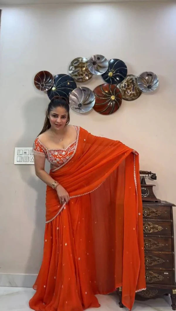 Presenting Orange Embroidered Lehenga Saree