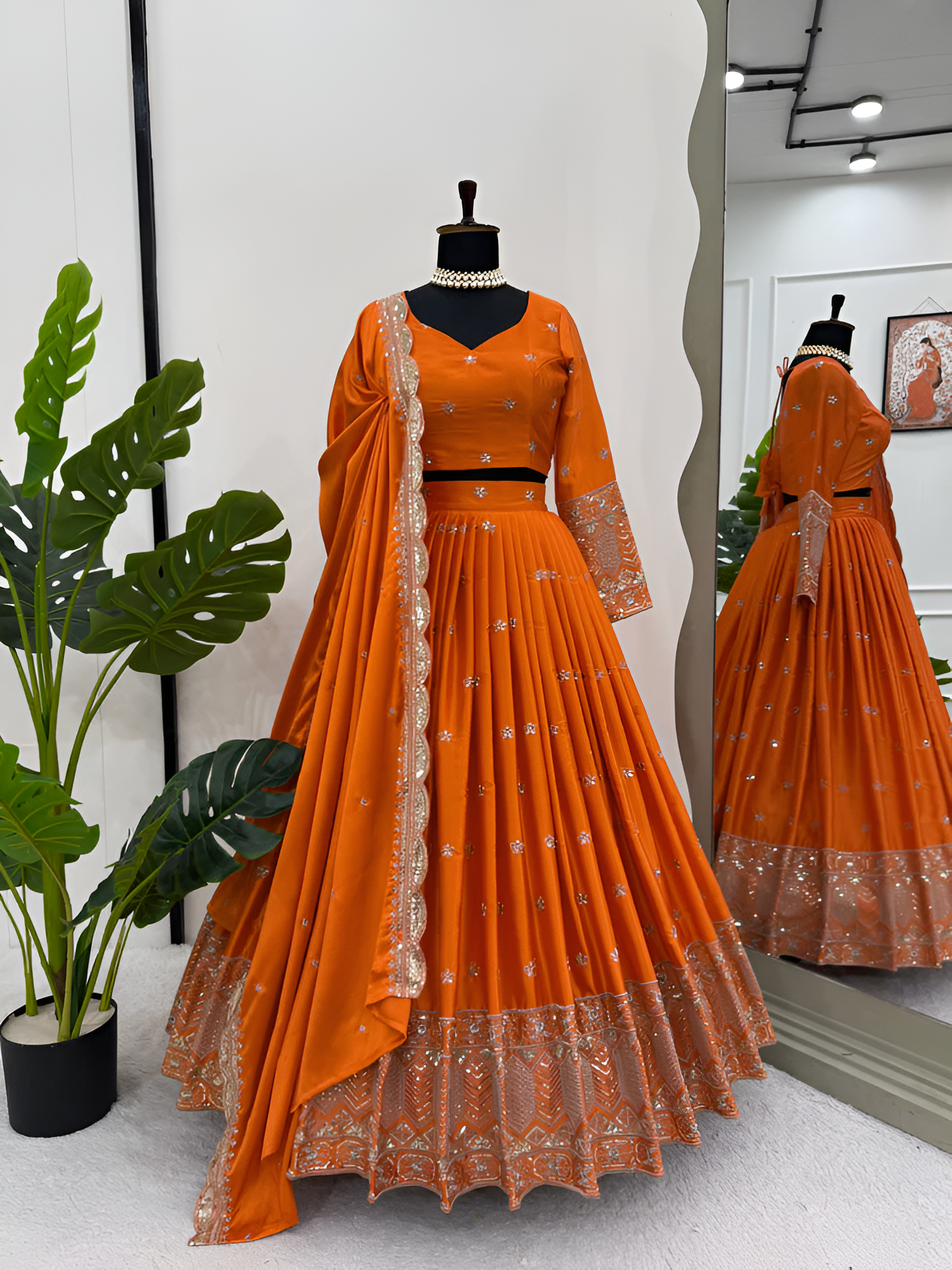 BEAUTIFUL RUST ORANGE EMBROIDERY SILK LEHENGA CHOLI