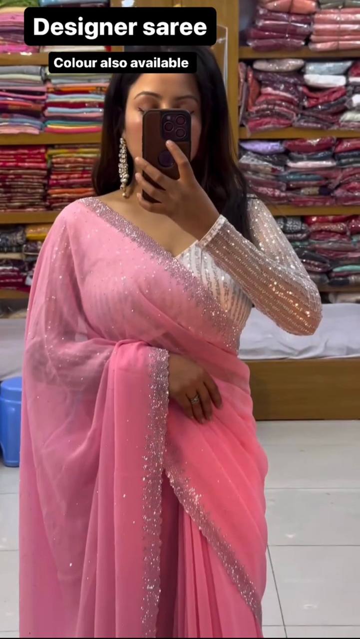 Designer Faux Georgette Saree with Hot Fix work