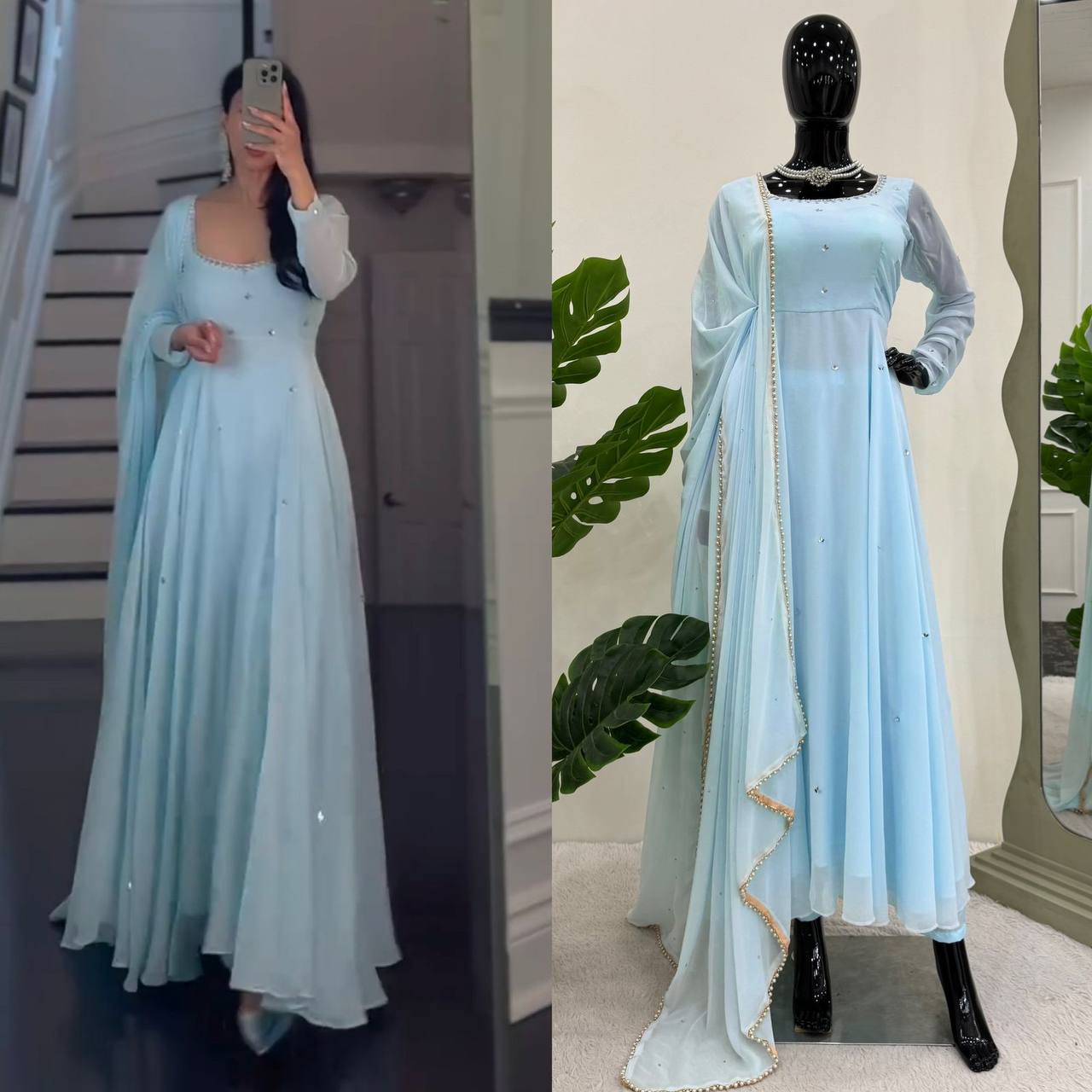 New Launching Sky blue mirror work Anarkali gown