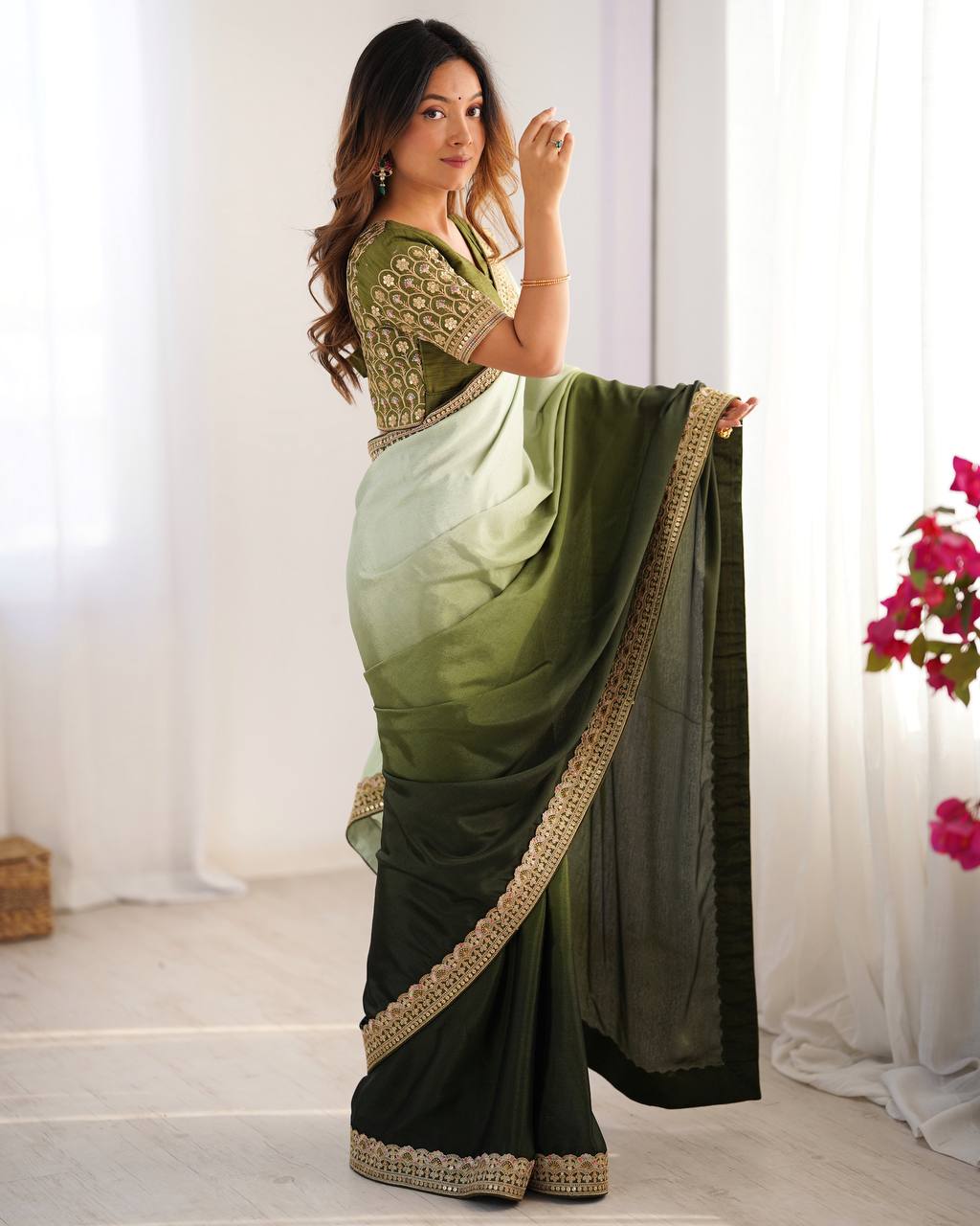 Thread and Sequence Work Chinon Silk Saree