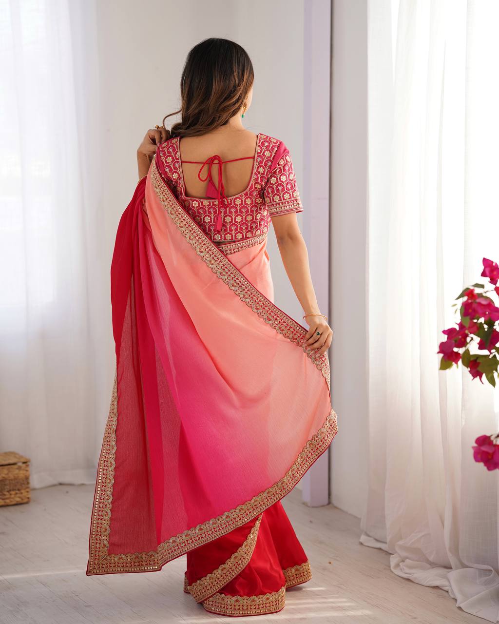 Thread and Sequence Work Chinon Silk Saree