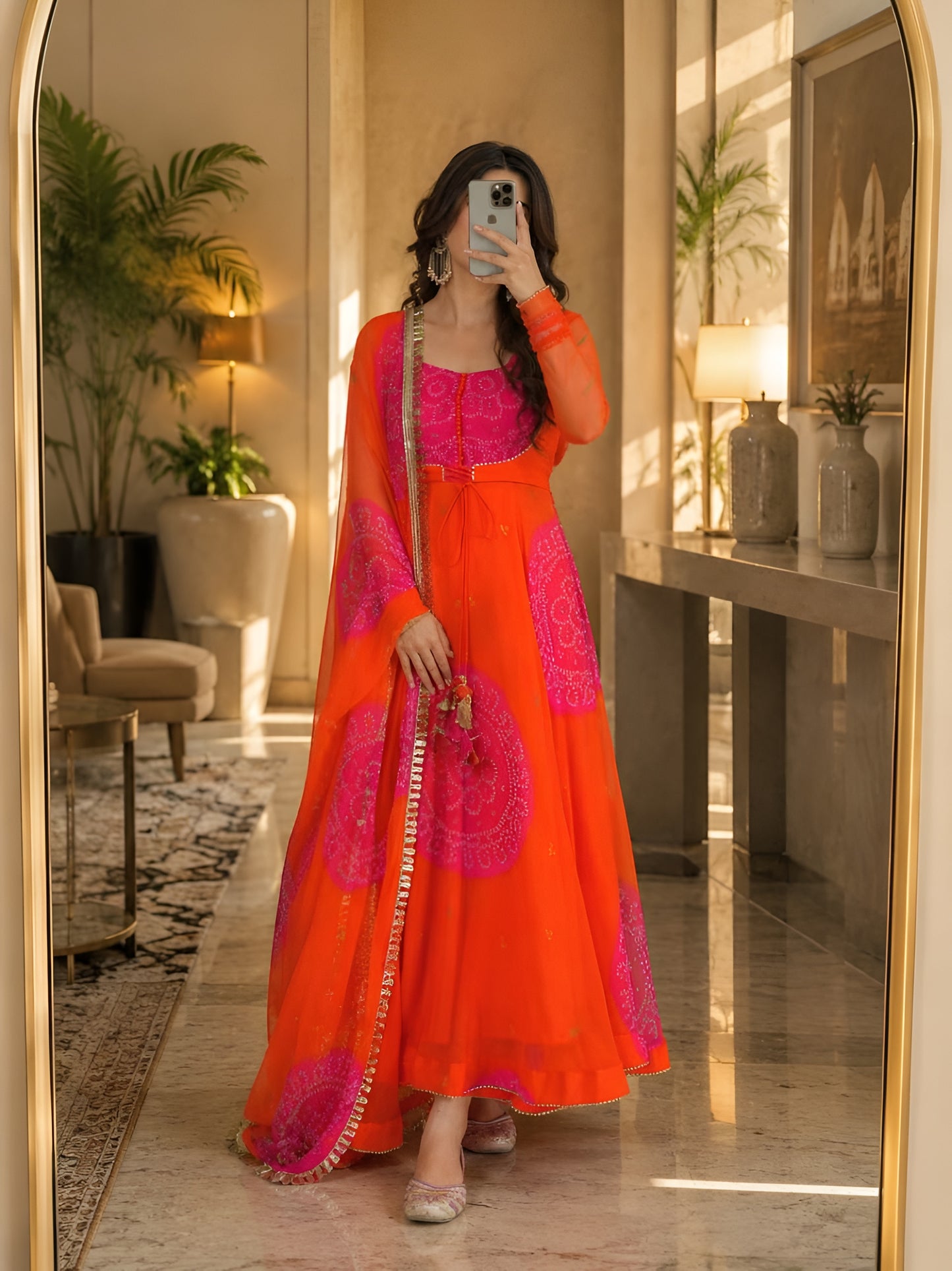 Festive Orange Bandhani Anarkali Suit