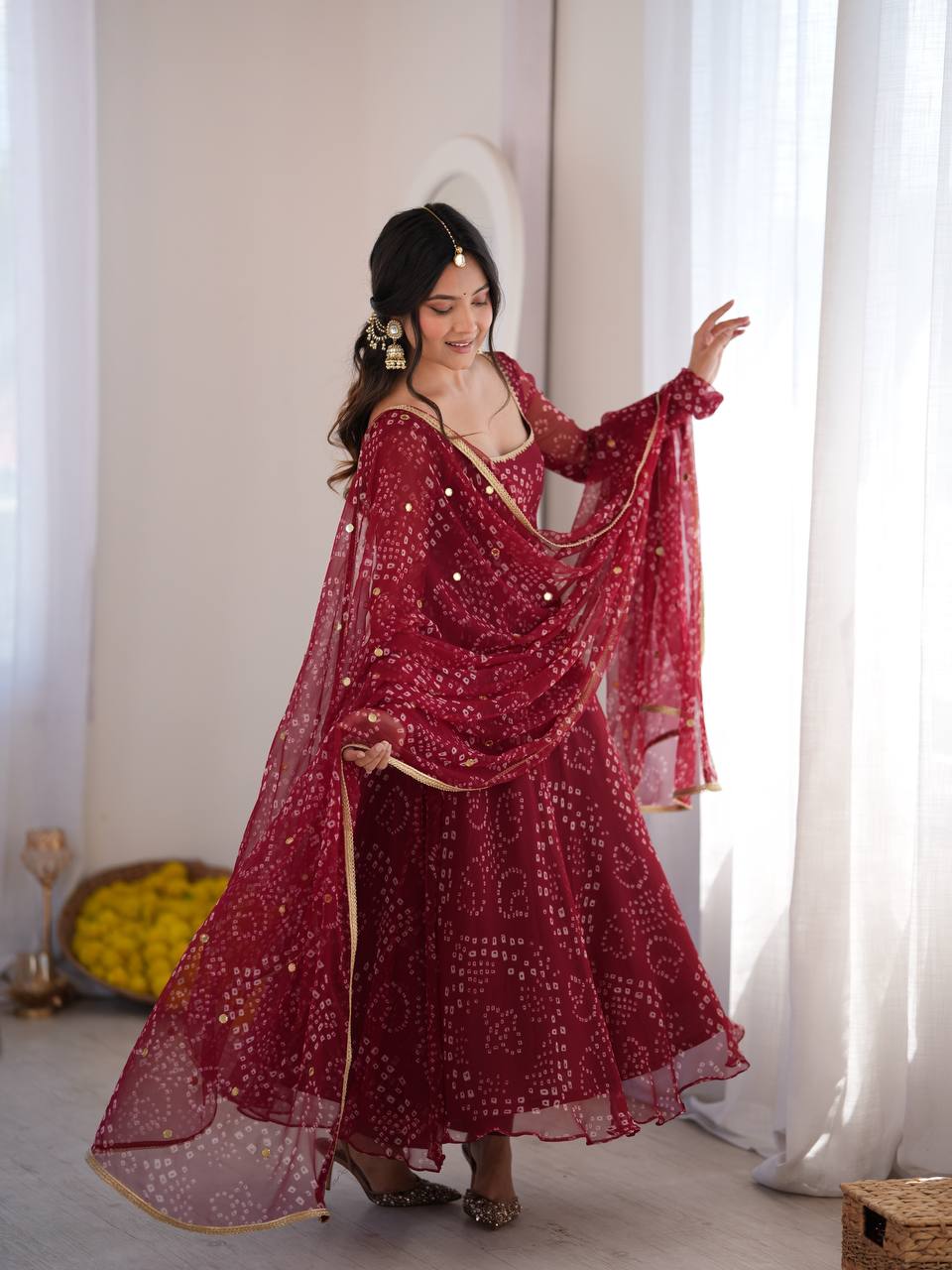 Faux Georgette Bandhani Anarkali with Pant & Sequin Dupatta