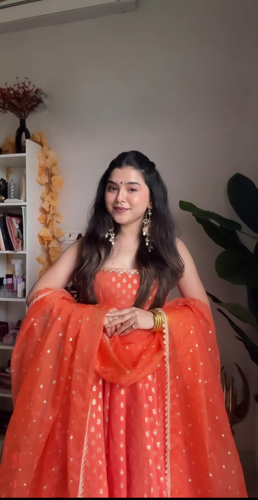 Orange Jacquard Anarkali Gown