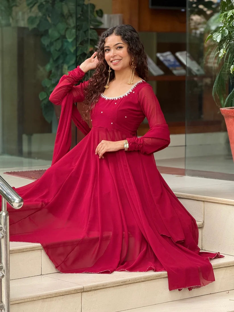 Red Georgette Anarkali Suit Set with Palazzo & Dupatta