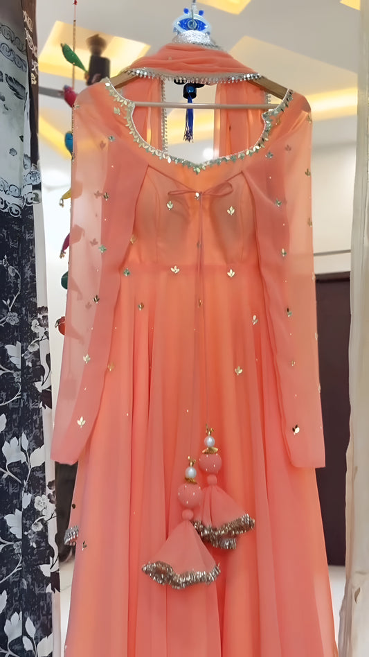 Orange Mirror work Anarkali Suit with Pant and Dupatta