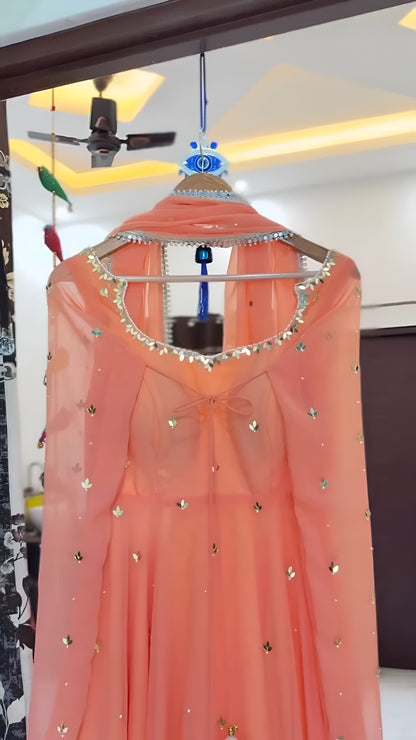 Orange Mirror work Anarkali Suit with Pant and Dupatta