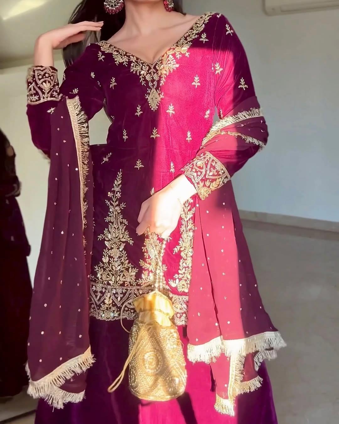 Presenting Embroidered suit with flared Palazzo ensemble
