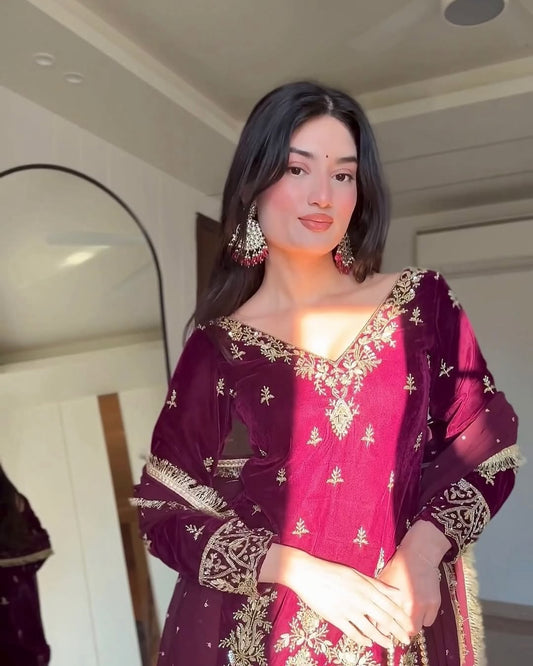 Presenting Embroidered suit with flared Palazzo ensemble