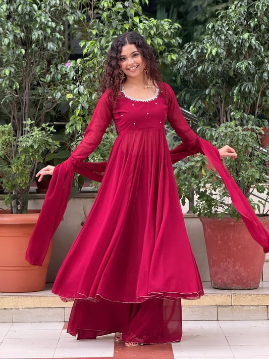 Red Georgette Anarkali Suit Set with Palazzo & Dupatta