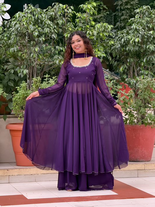 Georgette Anarkali Suit Set with Palazzo & Dupatta