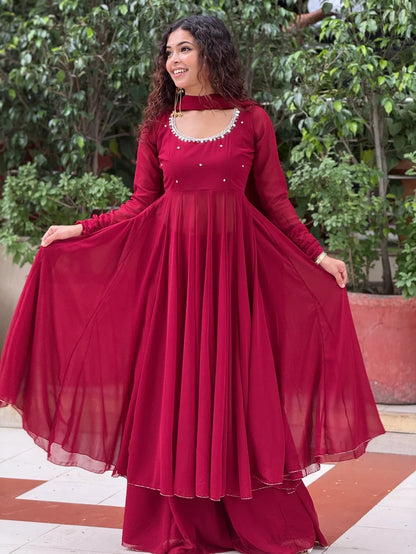Red Georgette Anarkali Suit Set with Palazzo & Dupatta