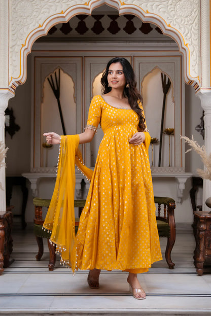 Marigold Yellow Jacquard Anarkali Suit