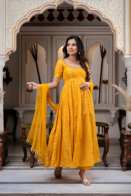 Marigold Yellow Jacquard Anarkali Suit
