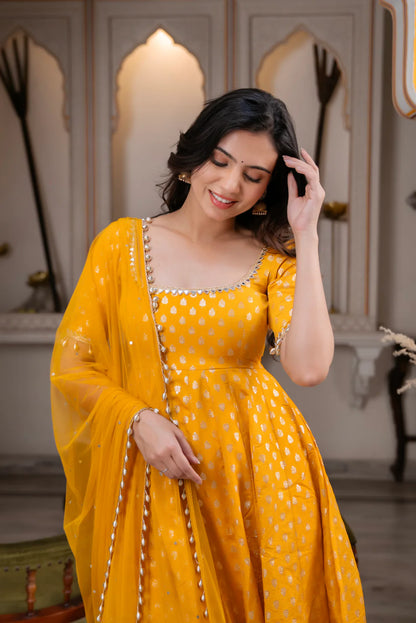 Marigold Yellow Jacquard Anarkali Suit