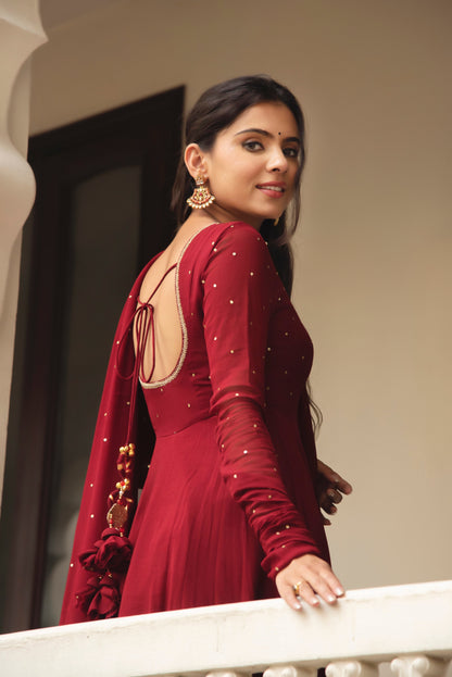 Maroon georgette plain heavy party wear gown