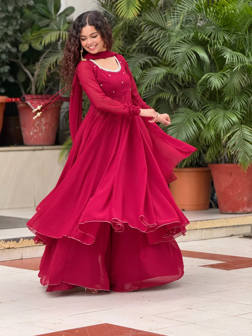 Red Georgette Anarkali Suit Set with Palazzo & Dupatta