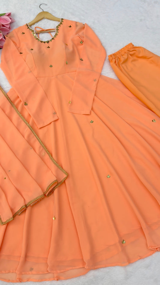 Orange Mirror work Anarkali Suit with Pant and Dupatta