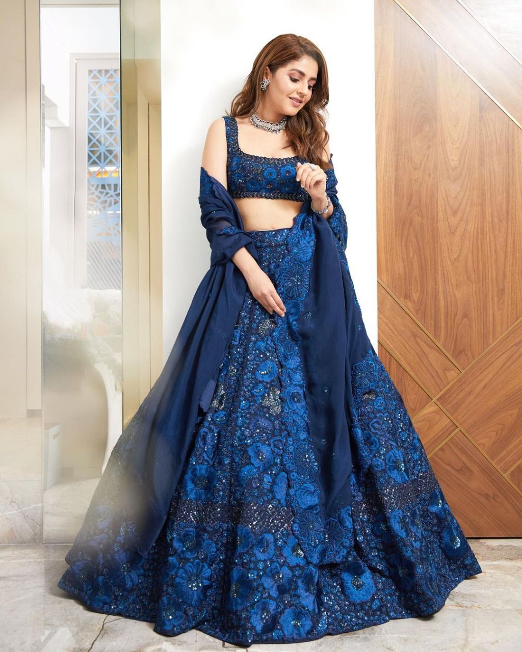 Navy Blue Floral Embroidered Georgette Lehenga Choli