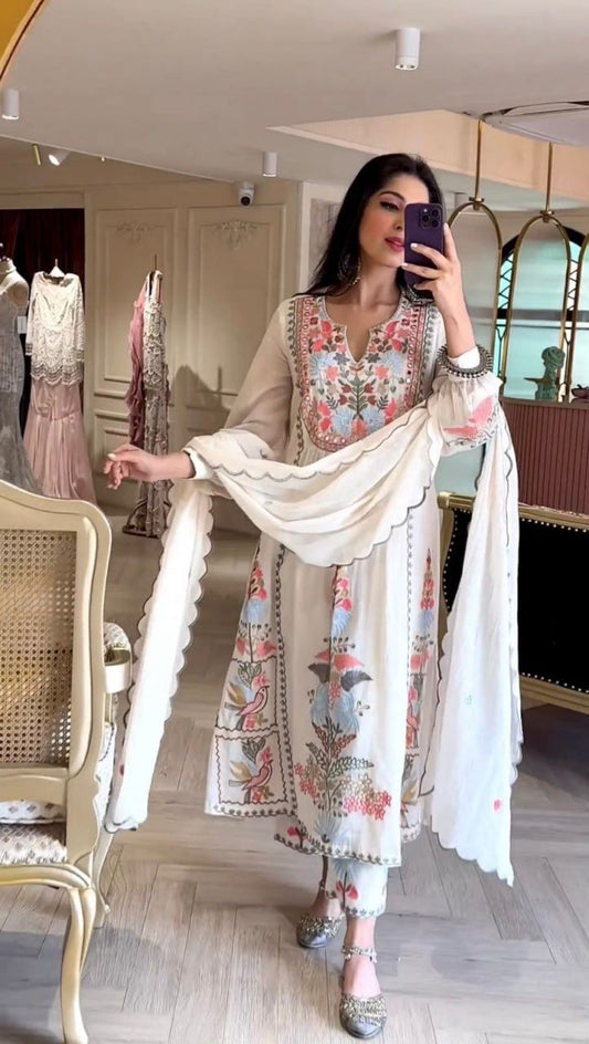 White georgette multi thread & Mirror work designer plazo suit