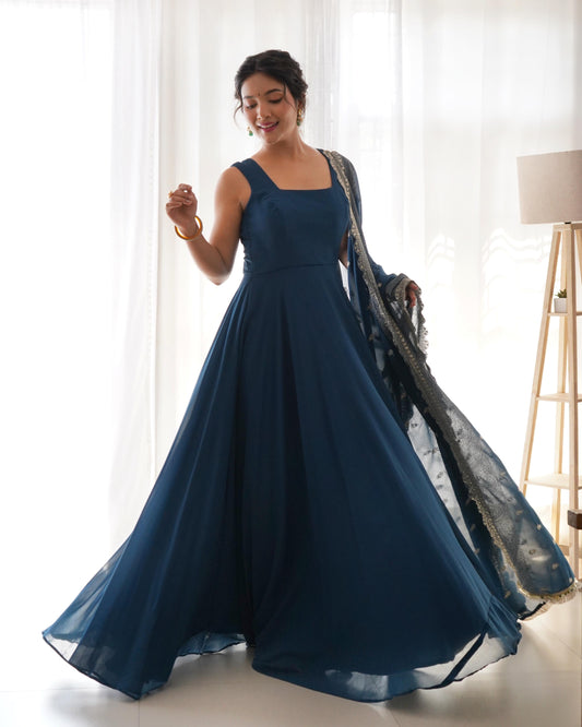 Blue Color Churidar work Georgette anarkali Gown