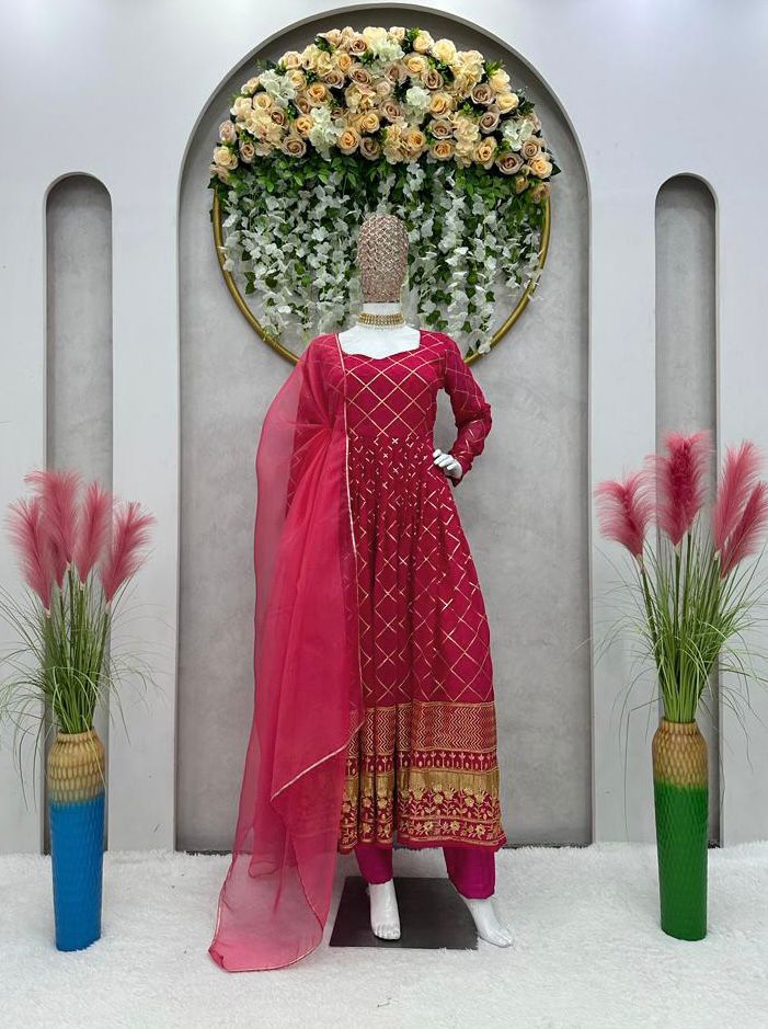 Pink Embroidered Georgette Fully Stiched Suit