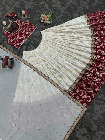 Presenting Festival Special White and maroon Lehenga set