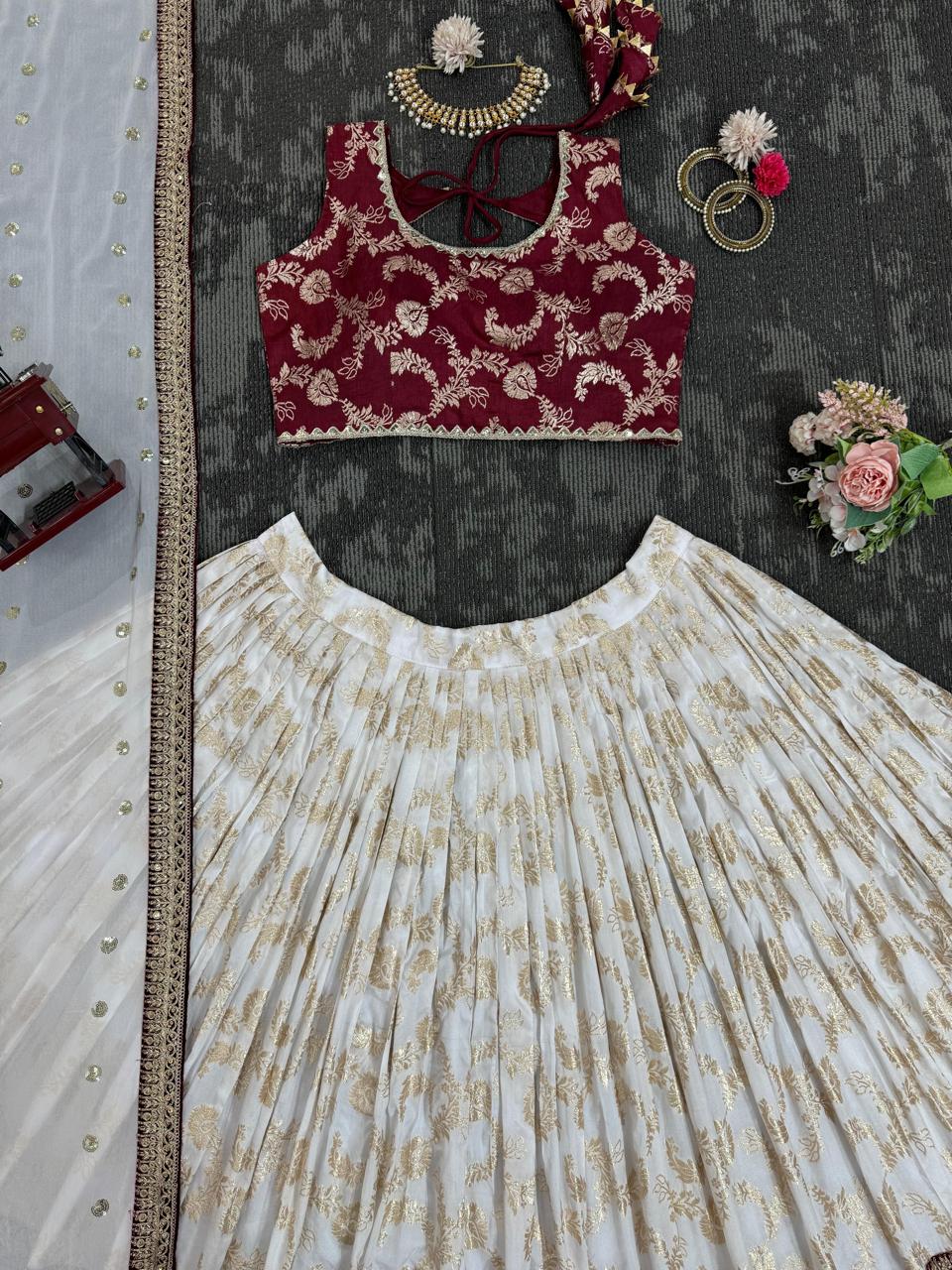 Presenting Festival Special White and maroon Lehenga set