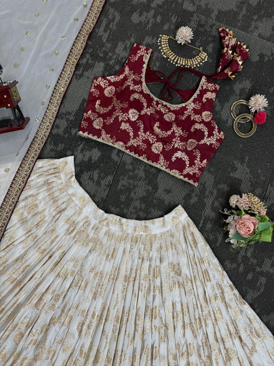 Presenting Festival Special White and maroon Lehenga set