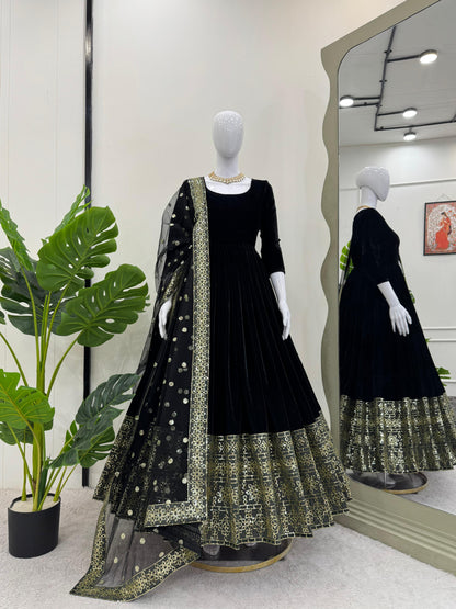 Trending Velvet  Black Color Anarkali Gown