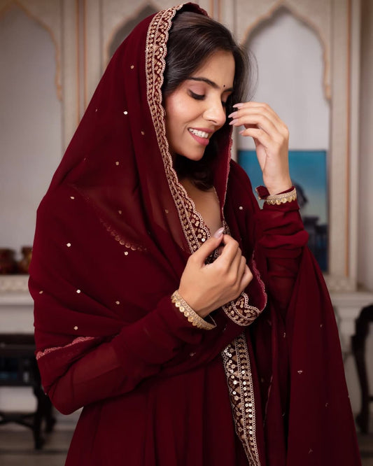 Most Attractive Party Wear Maroon Color Anarkali Gown