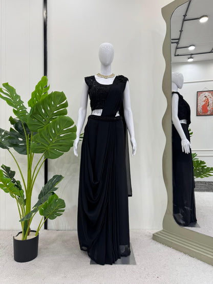 Ready to wear  Dhoti Style Black Color Lehenga Saree