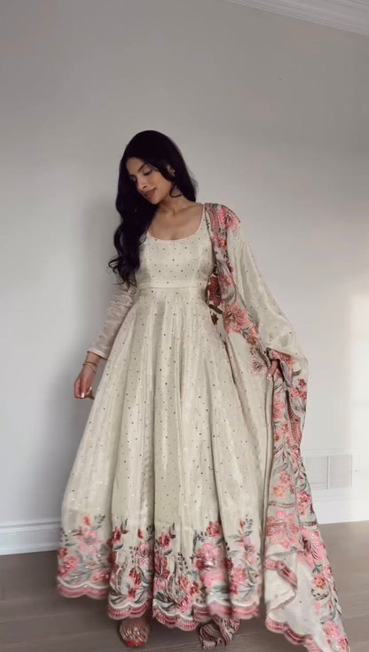 Off White Chinon Silk Anarkali Suit