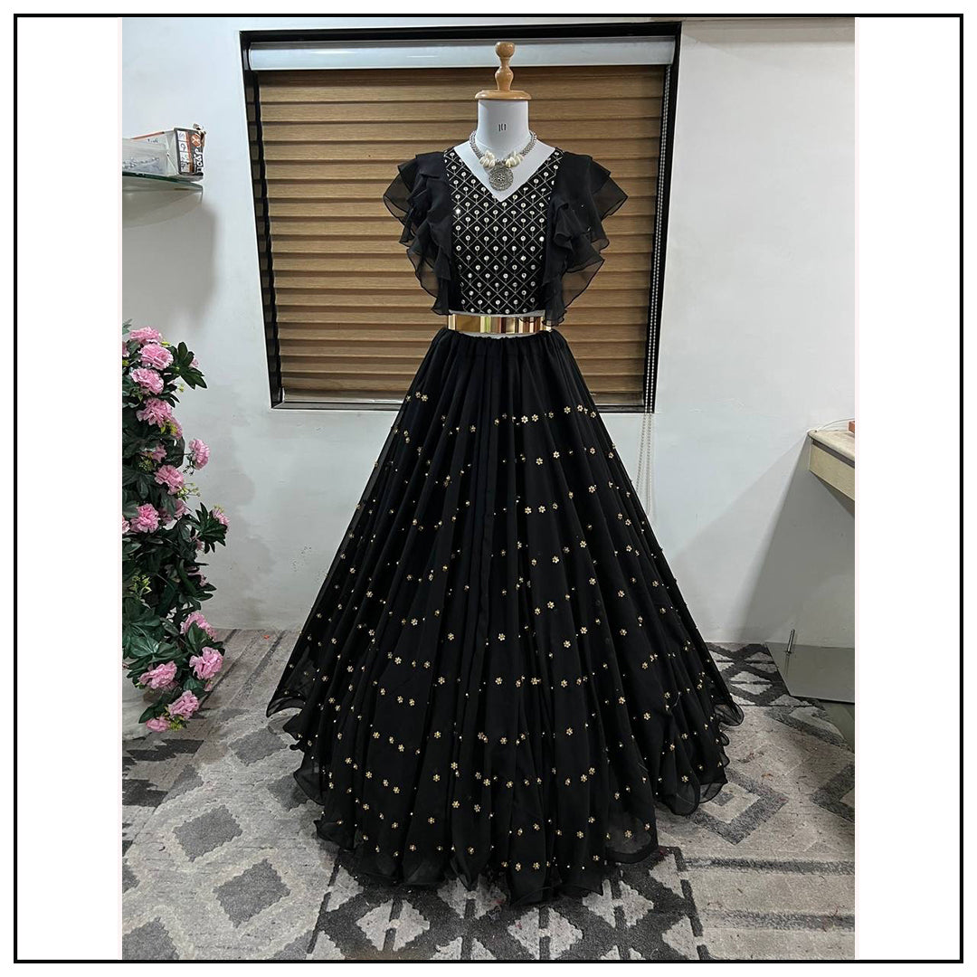 Dark Black Faux Georgette Moti Work Lehenga Choli