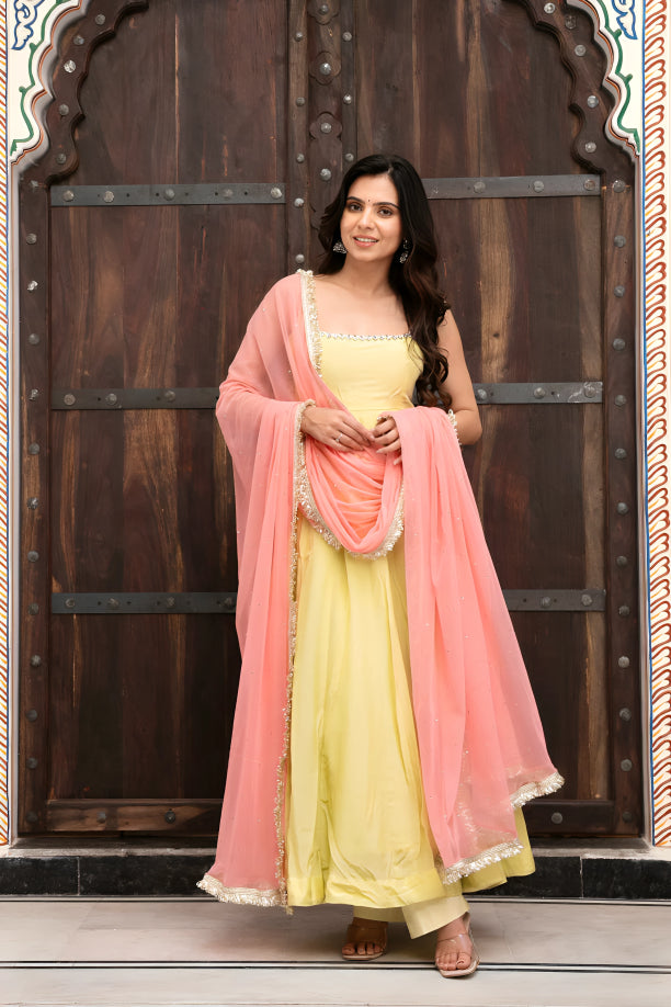 Designer Yellow Faux Georgette Anarkali Suit Set