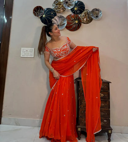 Presenting Orange Embroidered Lehenga Saree