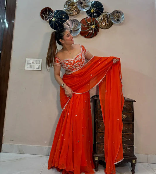 Presenting Orange Embroidered Lehenga Saree