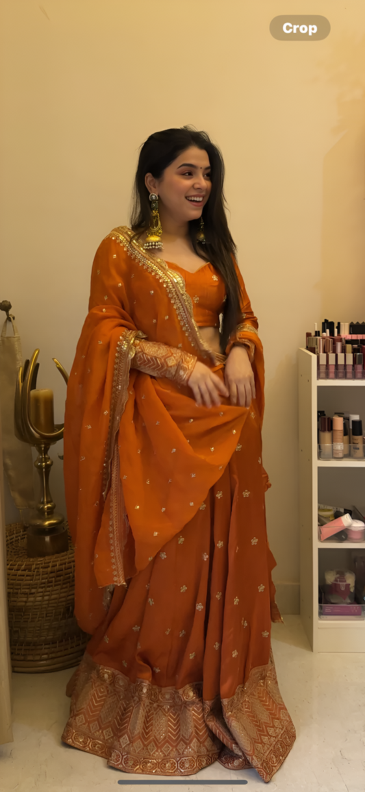 BEAUTIFUL RUST ORANGE EMBROIDERY SILK LEHENGA CHOLI