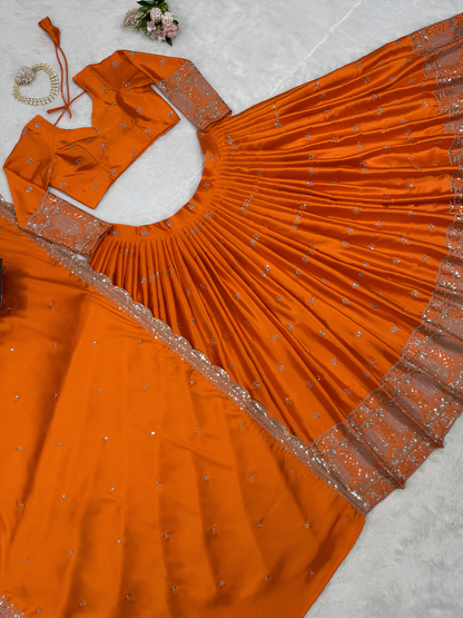 BEAUTIFUL RUST ORANGE EMBROIDERY SILK LEHENGA CHOLI