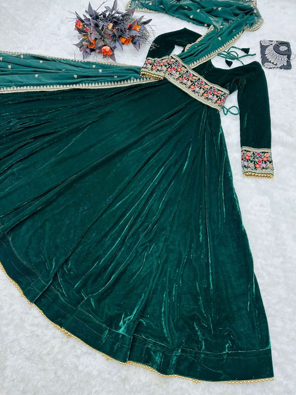 Green velvet long party wear gown