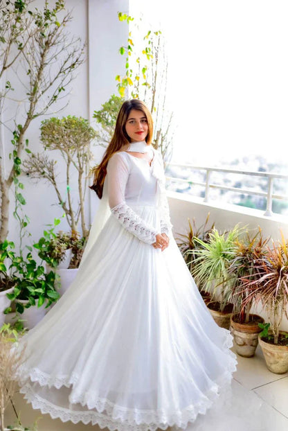 Beautiful Ready to Wear White Georgette Gown with Dupatta