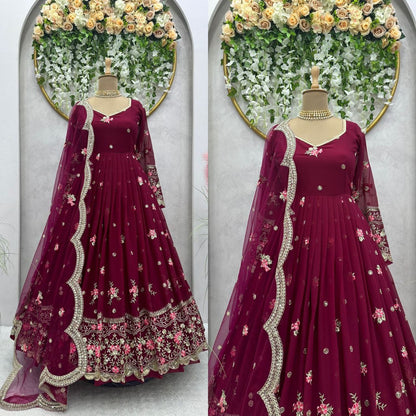 Beautiful Cherry Pink Chinon With Embroidery Work Anarkali Suit Set