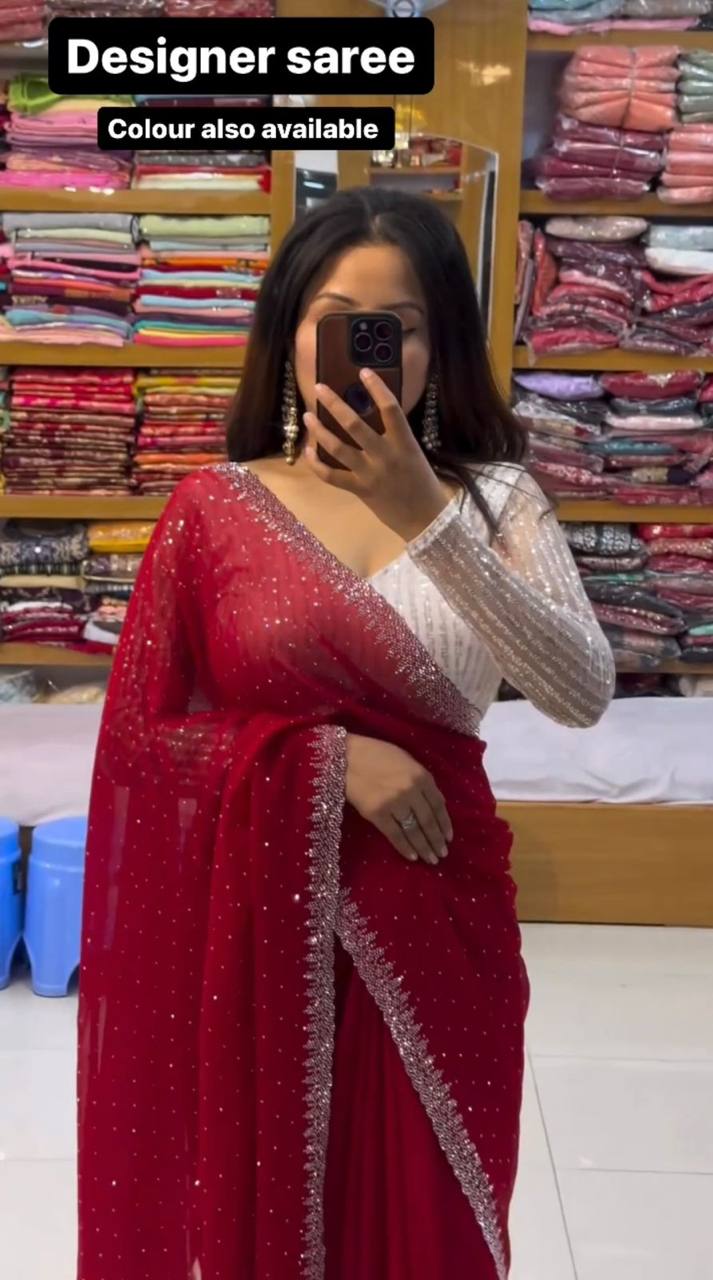 Designer Faux Georgette Saree with Hot Fix work